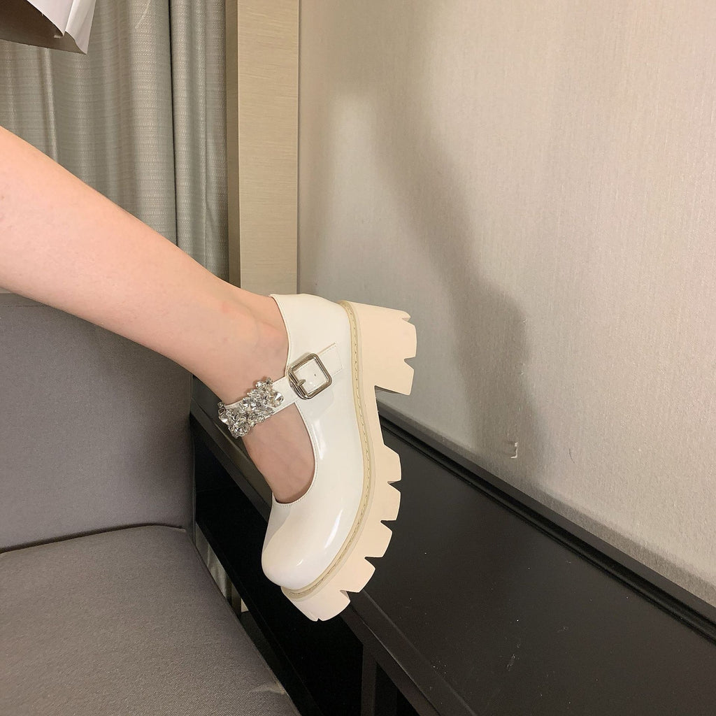 Platform Heels for Women Thick Bottom Chunky Heel Small Leather Shoes
