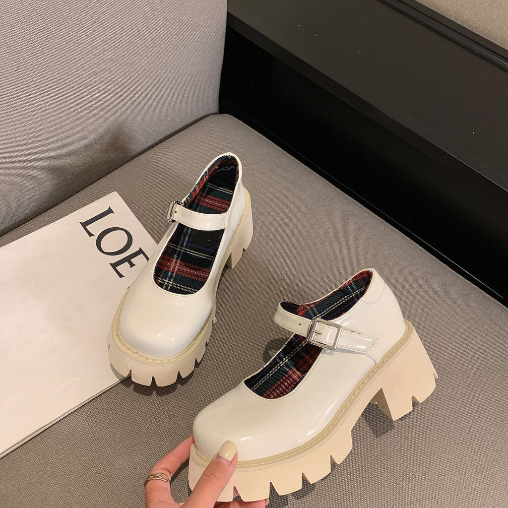 Platform Heels for Women Chunky Heel Platform Slimming Retro Small Leather Shoes for Women