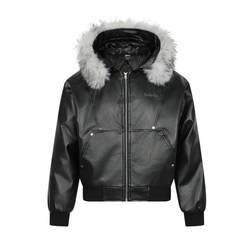 Unisex Down Jacket Vintage Leather Padded Fur Collar Jacket