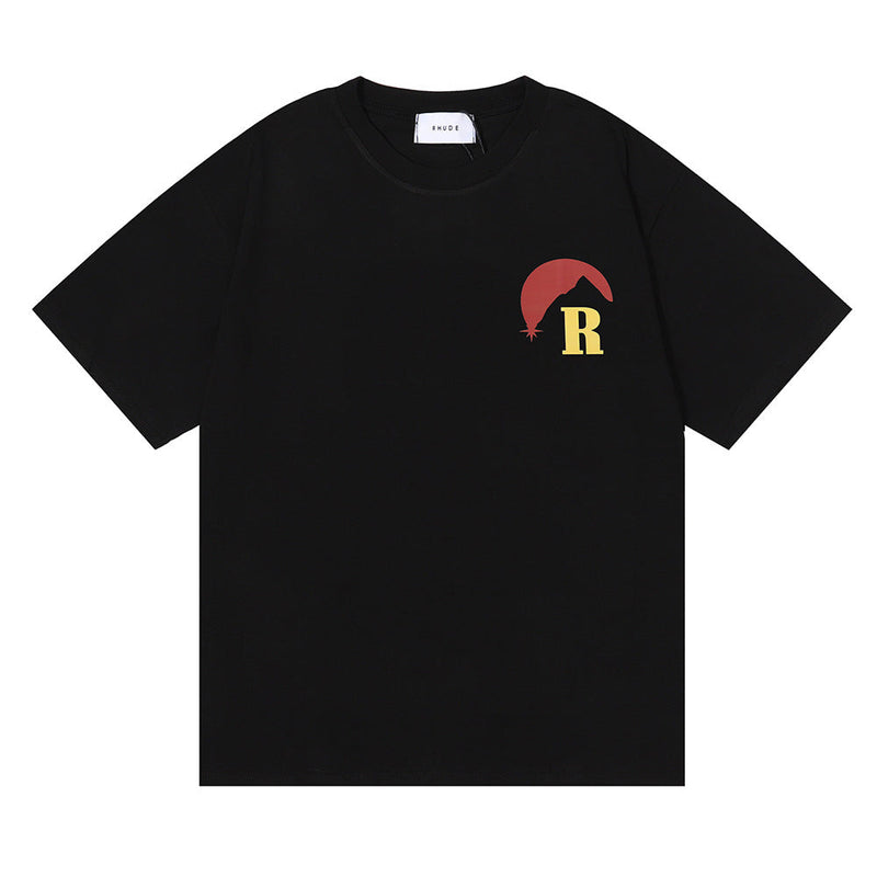 Rhude T Shirt Sunset Theme Pure Cotton Hip Hop Men and Women Same Casual