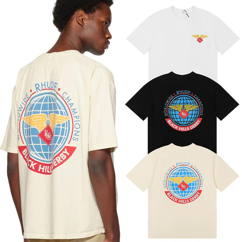 Rhude T Shirts World Map Printed Cotton Casual Short Sleeves Men and Women