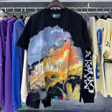 Godspeed t Shirts Los Angeles Hollywood Hills Fire Print Cotton Casual Short Sleeve Men and Women