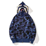 Bathing Ape Hoodie Gold Shark Head Double Hat Camouflage Sweater Men's Autumn and Winter Cardigan Zipper Jacket