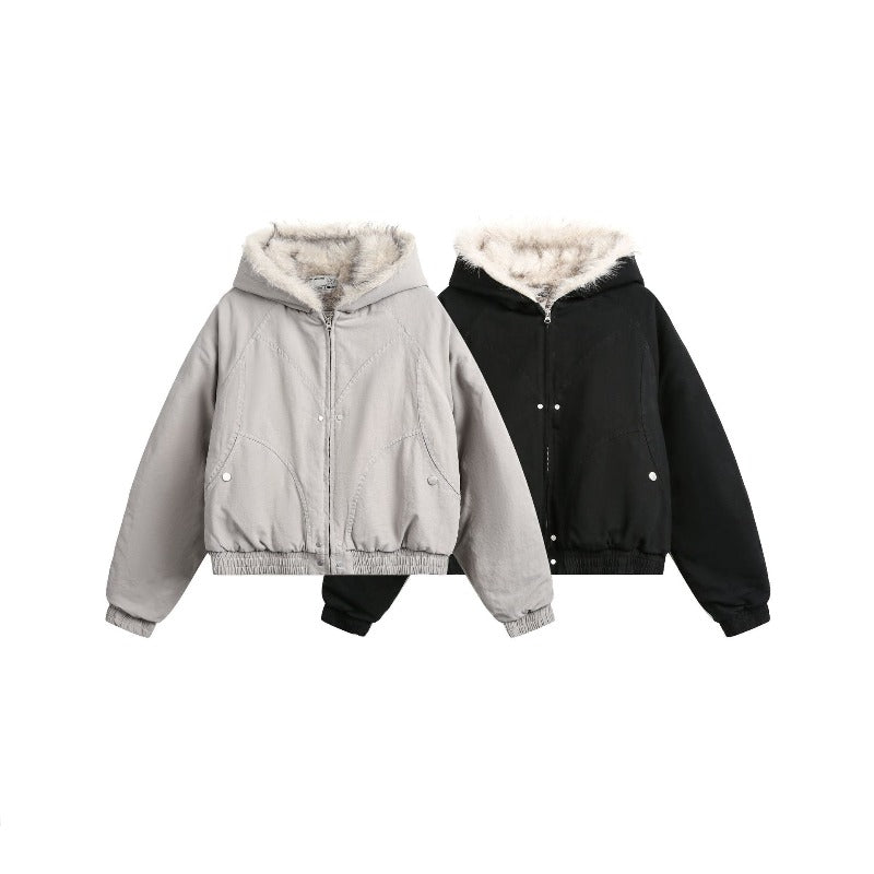 Unisex Down Jacket Winter Fleece Vintage Thermal Hooded Fur Collar Jacket