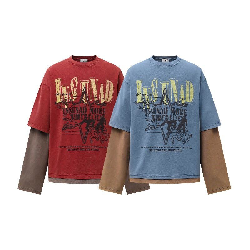 Unisex long-sleeved shirt autum color-blocked fake two-piece