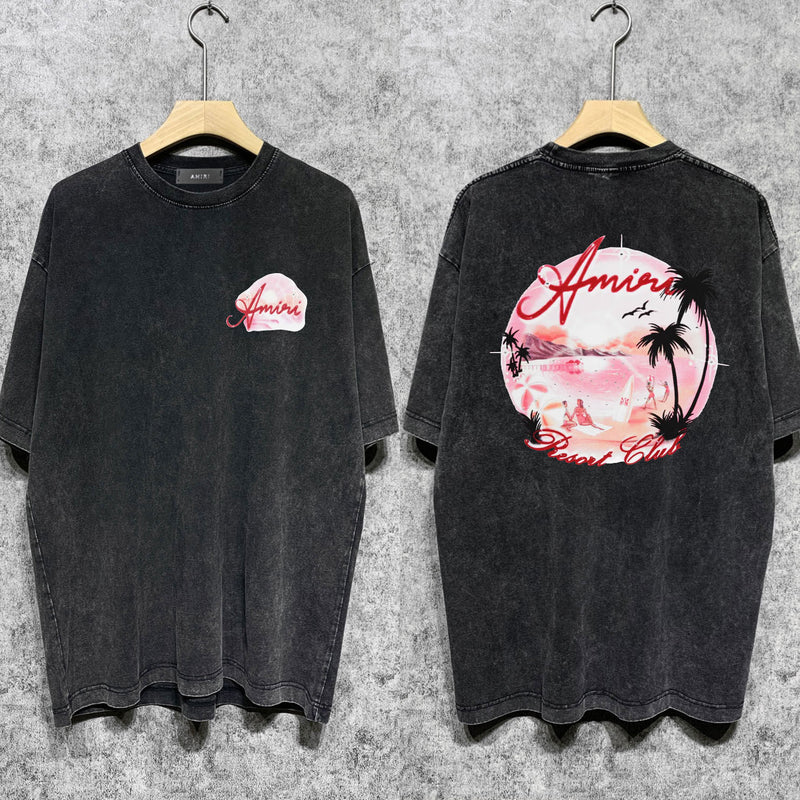 Amiri washed t-shirt pink beach printing short sleeve