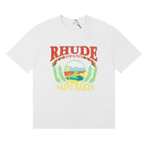 Rhude T Shirts Sunset Beach Pattern Printed Cotton Casual Short Sleeves Men and Women