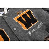 Off White Jacket Spring OW Skull Decal Woolen Splicing Leather Sleeve Heavy Industry Embroidered Jacket