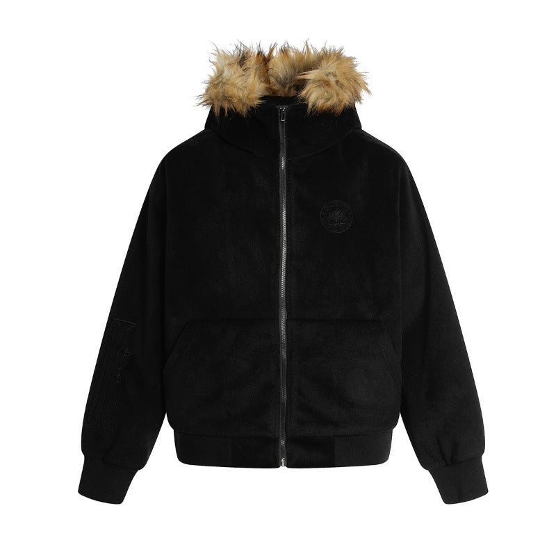Unisex Down Jacket Men's Autumn Vintage Fleece Neck Plush Zip Hoodie