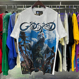 Godspeed T Shirts Blue Sky White Clouds Poppy Skull Planting Printing Cotton Casual Short Sleeves Men and Women