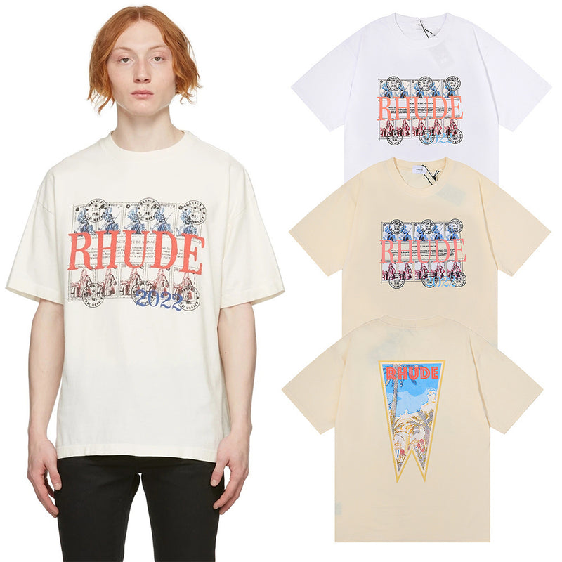 Rhude T Shirts Oil Painting Clock Coconut Tree Print Short Sleeves