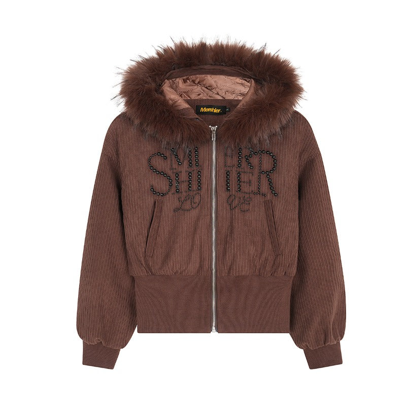 Unisex Down Jacket Winter Fur Collar Corduroy Short Jacket