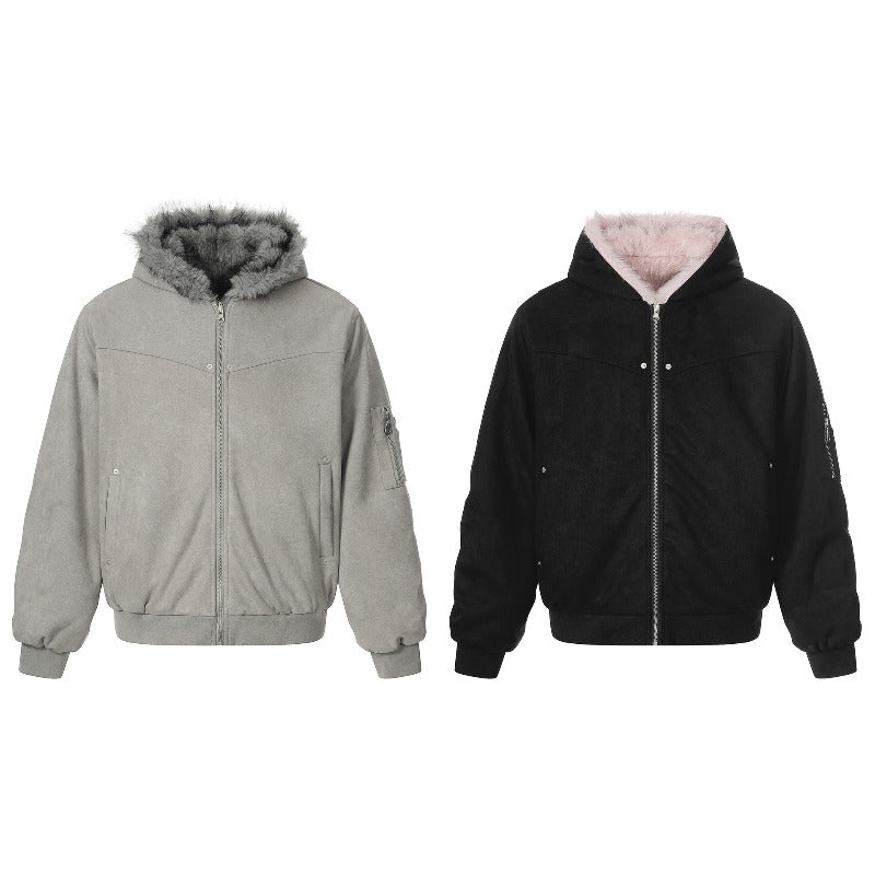 Unisex Down Jacket Winter Fleece Collar Double Sided Hooded Jacket
