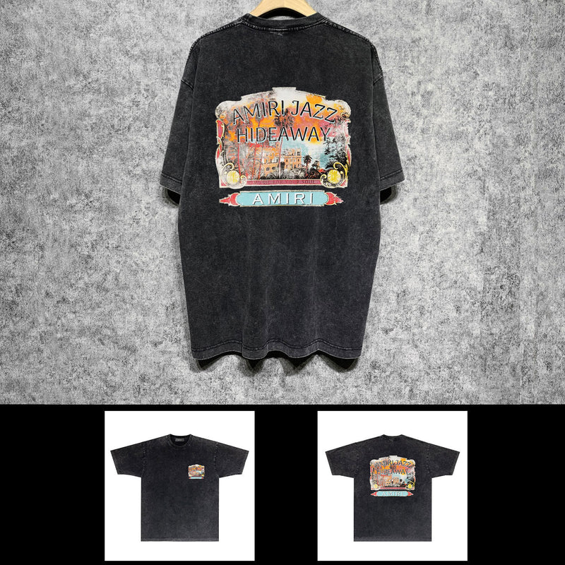 Amiri washed t-shirt lake view oil painting short sleeve