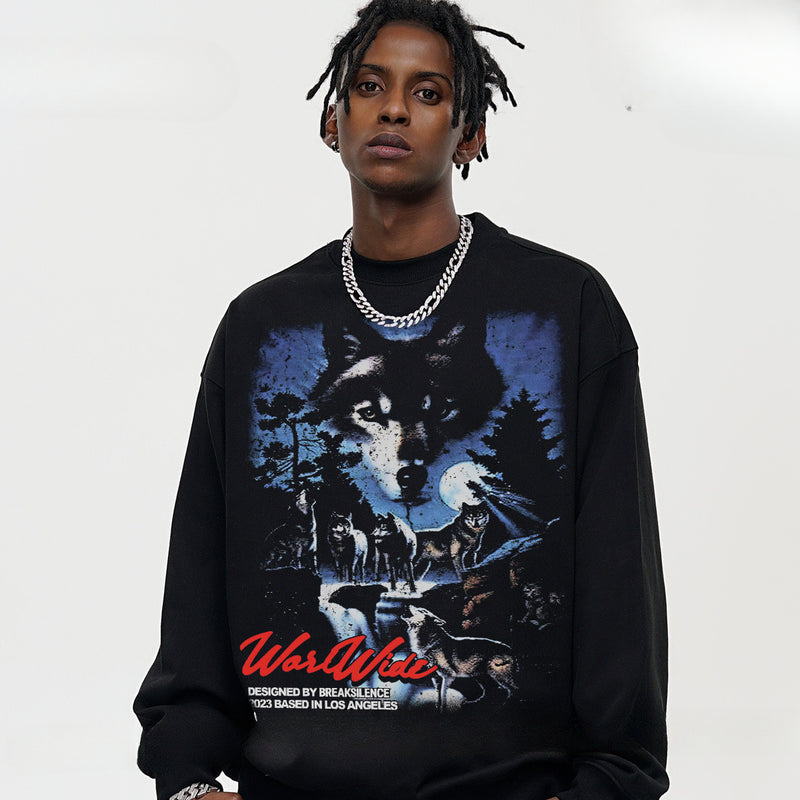 Vintage Hoodie Silver Wolf Night Vintage Printed Hooded Sweater Fall/Winter Crew Neck