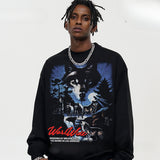 Vintage Hoodie Silver Wolf Night Vintage Printed Hooded Sweater Fall/Winter Crew Neck