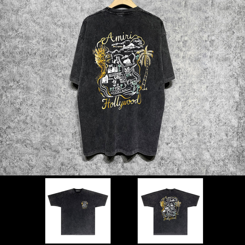 Amiri washed t-shirt hollywood golden dragon printing short sleeve