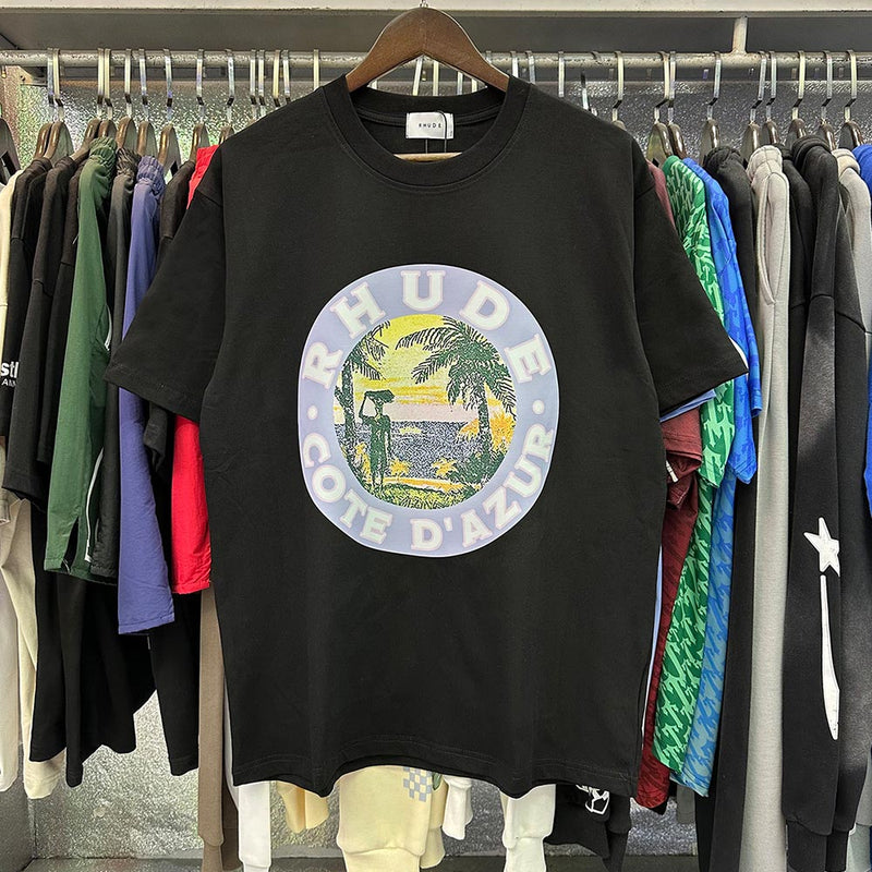 Rhude T Shirts Lake Coconut Landscape Print Cotton Casual Short Sleeve Men and Women