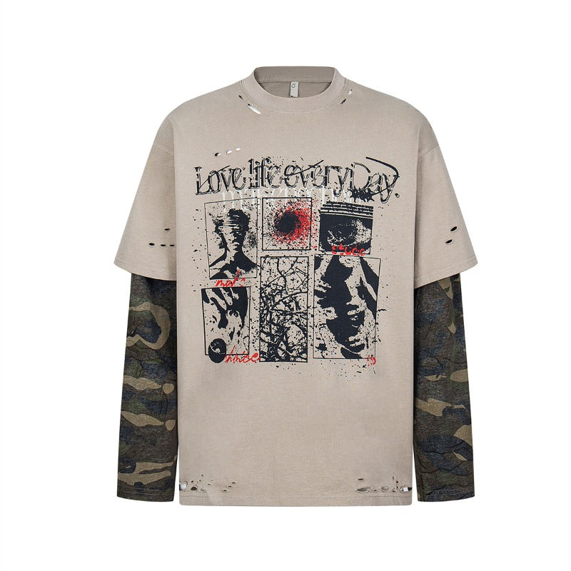 Unisex long-sleeved shirt men's autum camouflage fake two-piece