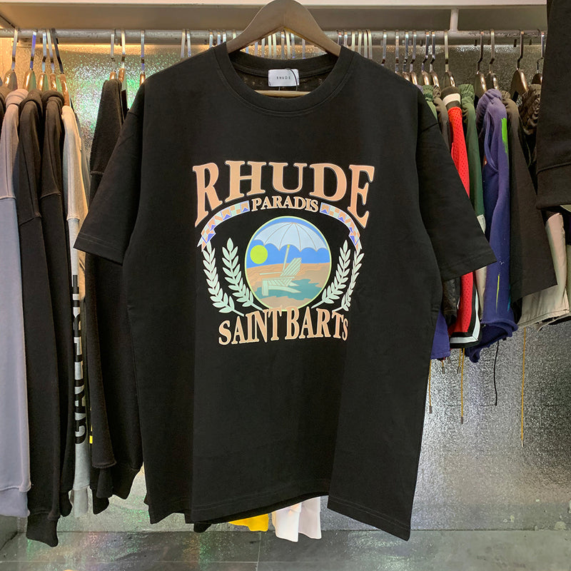 Rhude T Shirts Sunset Beach Cozy Pattern Printed Cotton Casual Loose Short Sleeve Men and Women