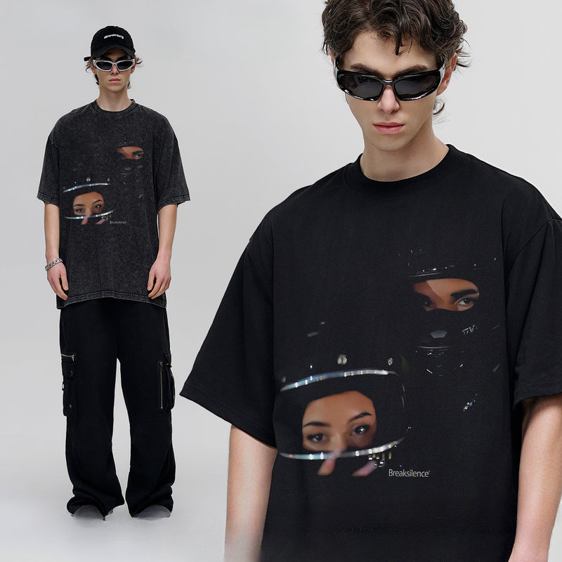Vintage T-shirts Locomotive Junior Print Short Sleeve Loose Cotton