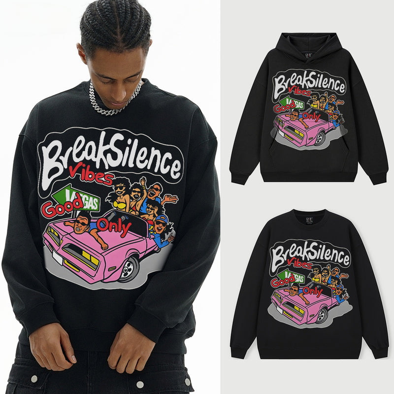 Vintage Hoodie American Street Print Autumn/Winter Hooded Crew Neck Sweater