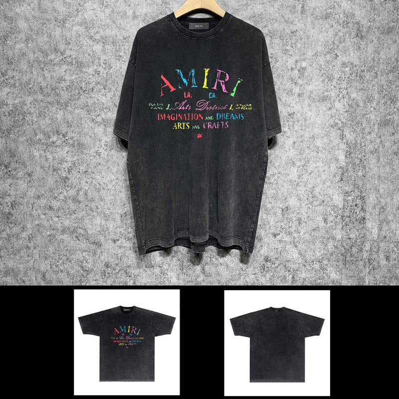 Amiri washed t-shirt watercolor cartoon letter printing short sleeve