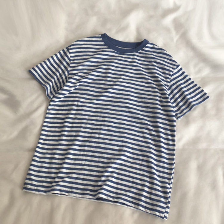 Mariner Shirt Distressed Navy-Striped Shirt Loose round Neck Striped Short Sleeve T-shirt