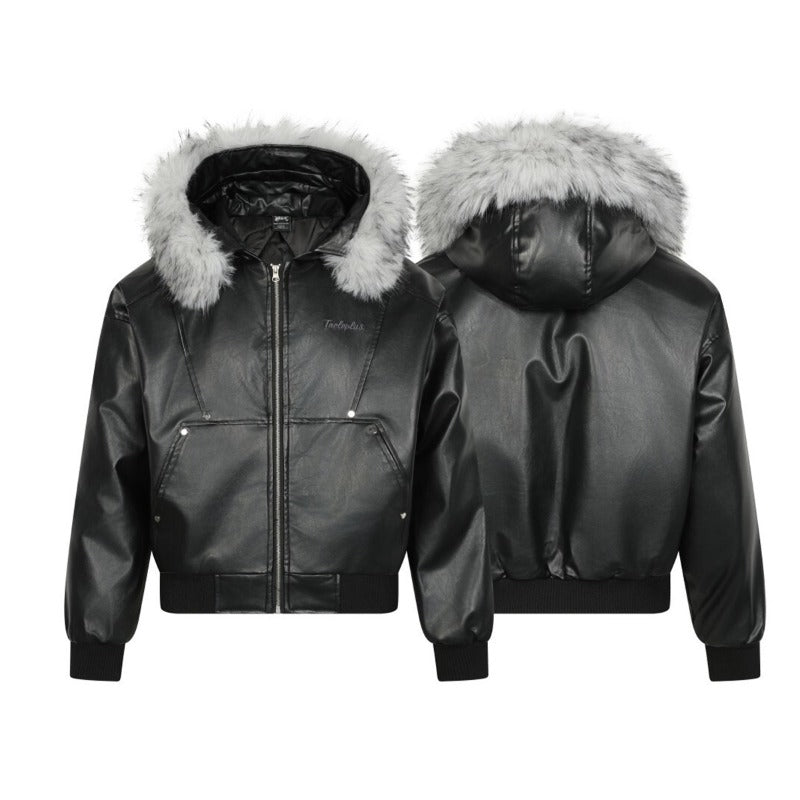 Unisex Down Jacket Vintage Leather Padded Fur Collar Jacket