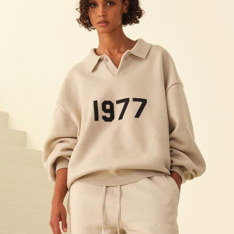 Feel of God Essentials 1977 Knit Polo Embroidered Men's and Women's Flyaway Jacket Knitted Sweater