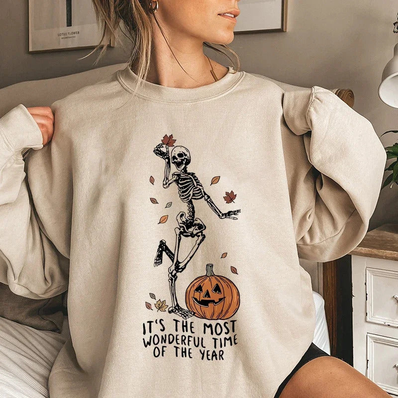 Pius size Halloween Skeleton Pumpkin Print Hoodies