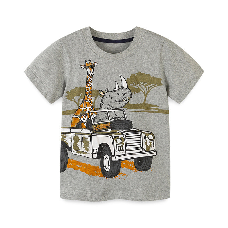 Boy T Shirt Children's T-shirt Children Cartoon Print T-shirt Summer Knitted Cotton round Neck Boy