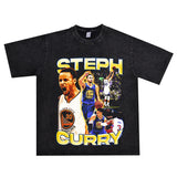 Basket Ball Star T Shirt Basketball Stephen Curry Washed Distressed Printed T-Shirt Short Sleeve Retro Pure Cotton
