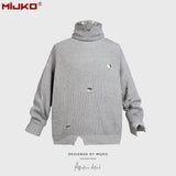 MIJKO Mens Jacket Turtleneck Knitted Ripped Sweater