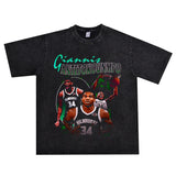 Basket Ball Star T Shirt Washed Distressed Printed T-Shirt Short Sleeve Loose Retro Cotton