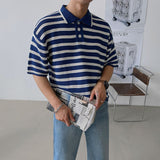 Mariner Shirt Striped Short-Sleeved Polo Shirt Men's Korean-Style Trendy Summer Loose Lapels T-shirt
