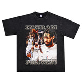 Basket Ball Star T Shirt Basketball Washed Distressed Short Sleeve Printed round Neck Loose T-shirt Pure Cotton