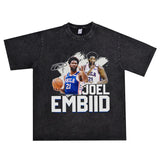 Basket Ball Star T Shirt Basketball Joel Embiid Washed Distressed T-shirt Short Sleeve Loose Retro