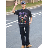 Basket Ball Star T Shirt Short Sleeve Printed T-shirt Retro Hip Hop Loose Cotton Washed Distressed