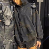 MIJKO Mens Jacket Two-way Zipper Distress Hooded Sweater