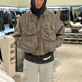 MIJKO Mens Jacket Multi Pocket Lapel Zip Mainstream Fashion Jacket