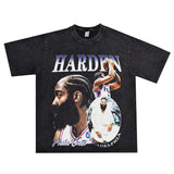 Basket Ball Star T Shirt Basketball Washed Distressed James Harden Printed T-shirt Retro Short Sleeve Cotton