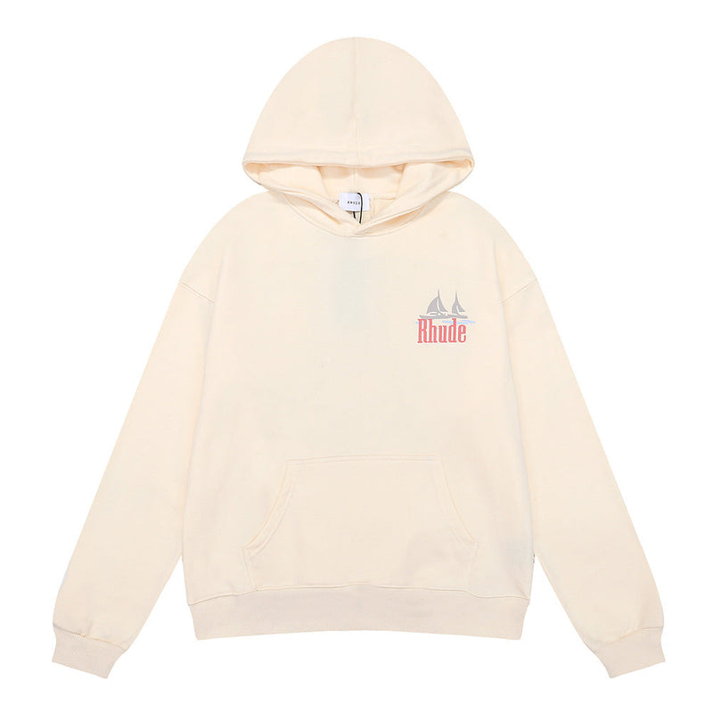 Rhude Hoodie Sailboat Printed Cotton Men and Women Couple Hooded Sweater
