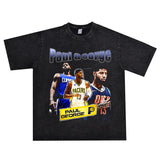 Basket Ball Star T Shirt Basketball Paul George Washed Distressed Printed T-Shirt Vintage Cotton Short Sleeve