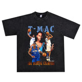 Basket Ball Star T Shirt Washed Distressed Printed T-shirt Short Sleeve Loose Retro Cotton