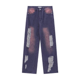 Men Jeans Ripped Wide-Legged Straight Jeans Retro Trousers