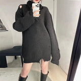 MIJKO Mens Jacket Turtleneck Knitted Ripped Sweater