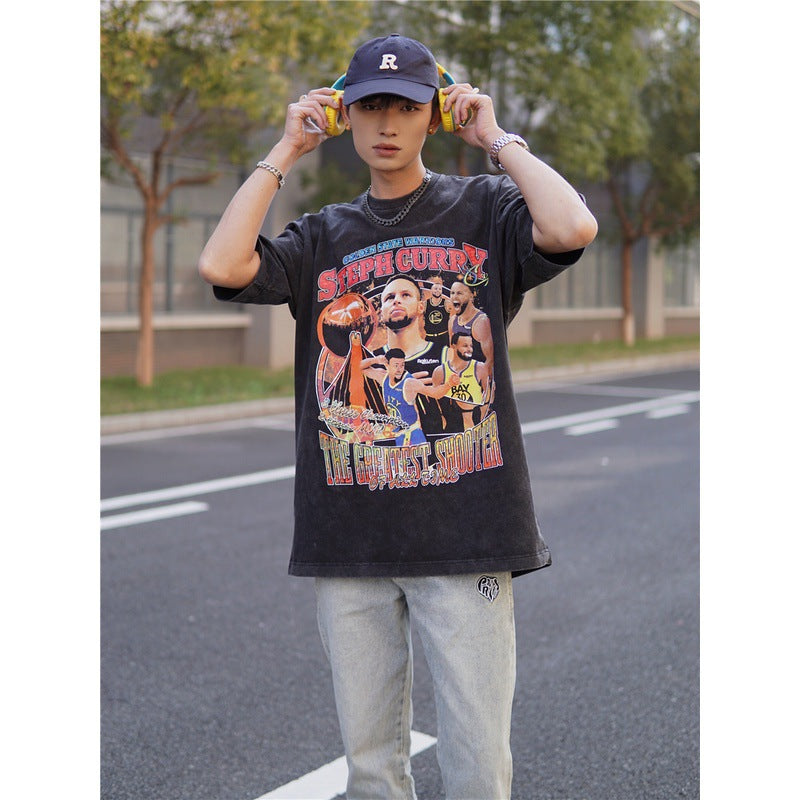 Basket Ball Star T Shirt Basketball Stephen Curry Washed Distressed Printed T-Shirt Short Sleeve Retro Pure Cotton