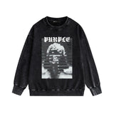 Purple Brand Distressed Sweatshirt Fashion Washed Black Long Sleeves Top