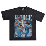 Basket Ball Star T Shirt Basketball Paul George Washed Distressed Printed T-Shirt Vintage Cotton Short Sleeve
